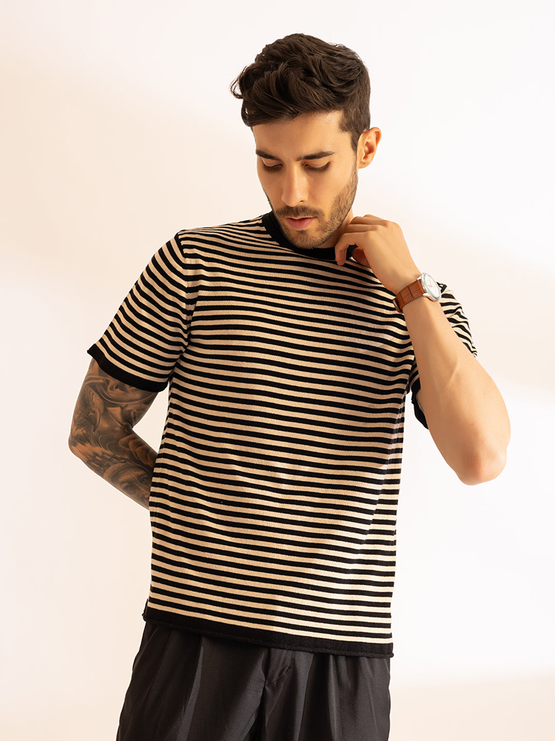 Korean Rolling Neck Knit T-shirt I OatBlack