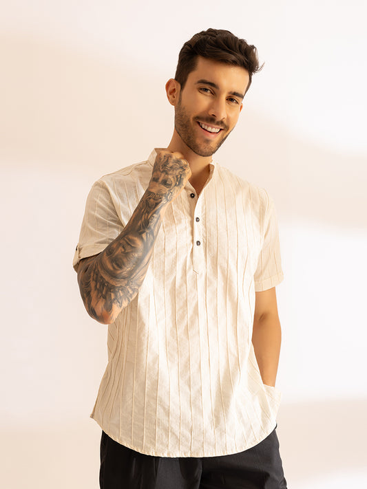 Pinstriped Smart Kurta Shirt I Half Sleeves I Buttercream White