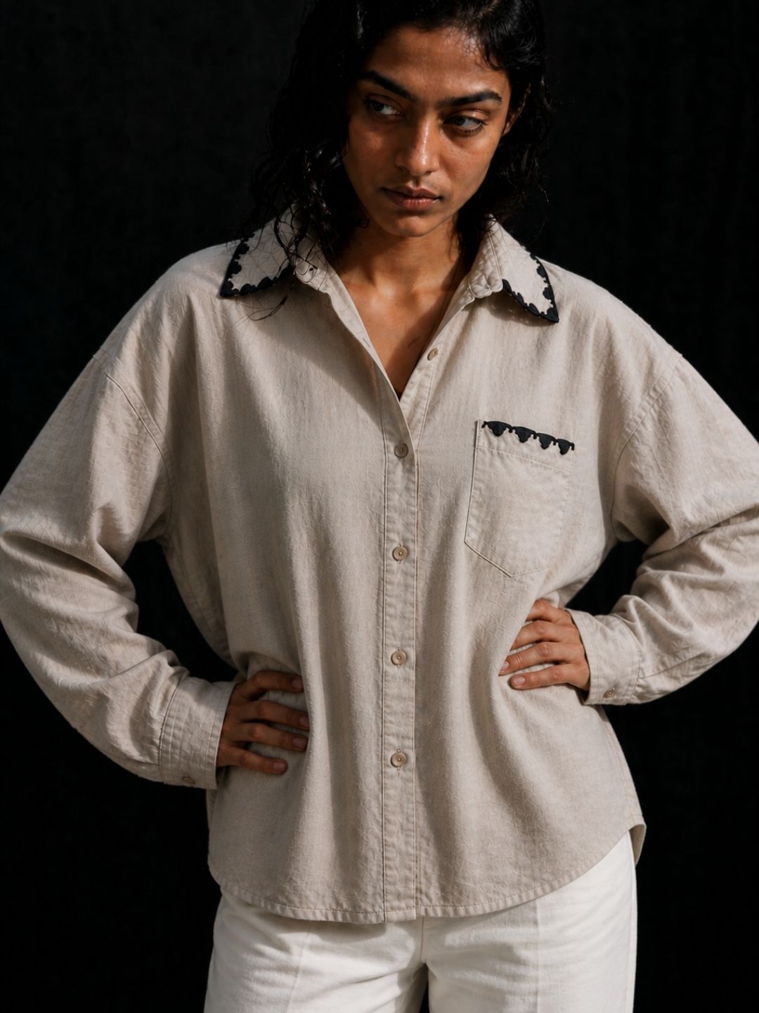 706 Women's Hand Embroidered Linen Smart Formal Shirt I Oversized & Maternity