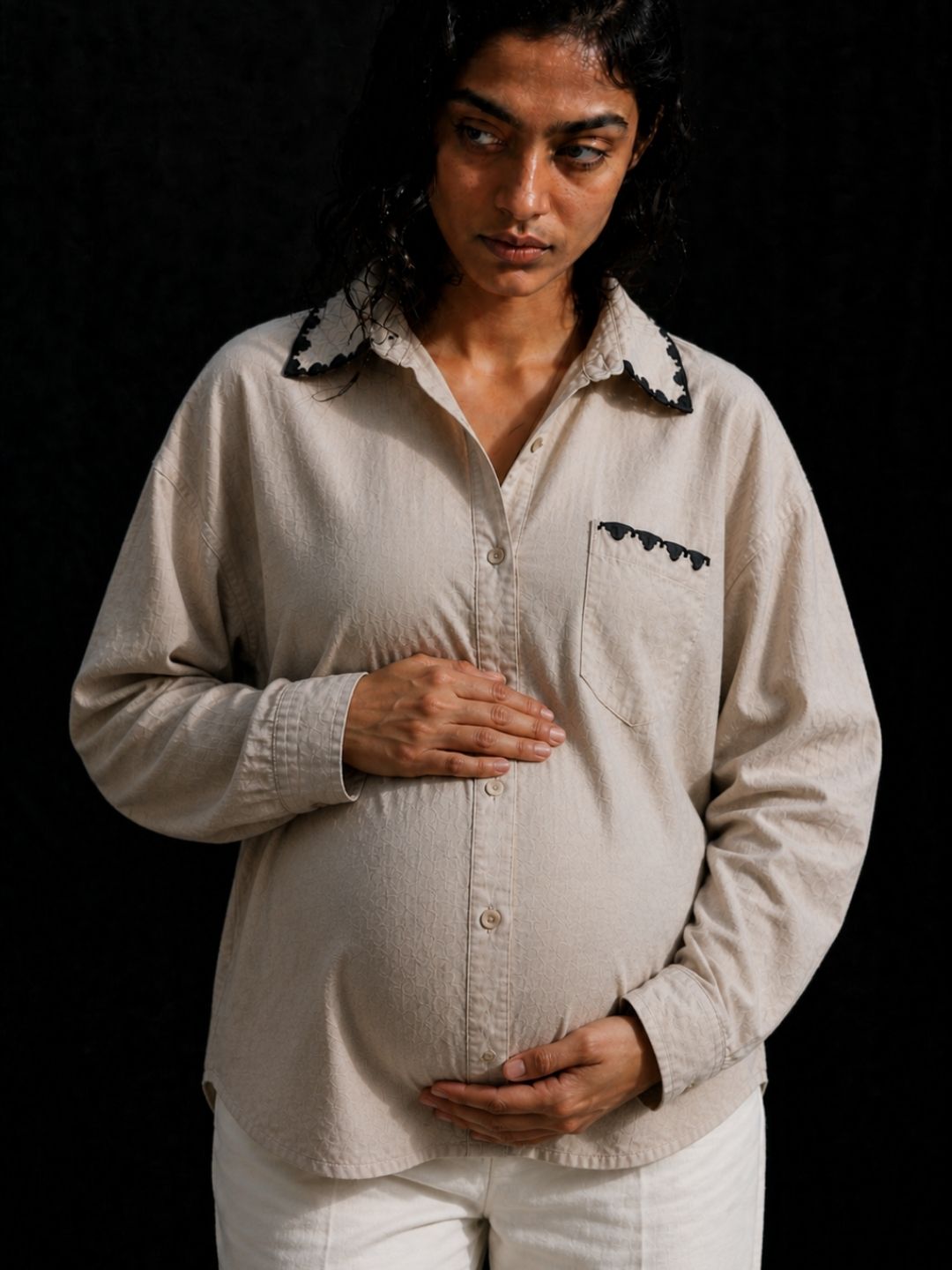 706 Women's Hand Embroidered Linen Smart Formal Shirt I Oversized & Maternity
