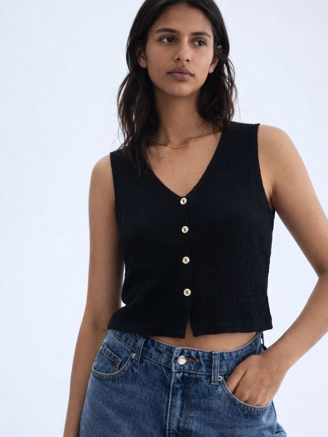 812 Crochet Style Waist Coat Top I Black