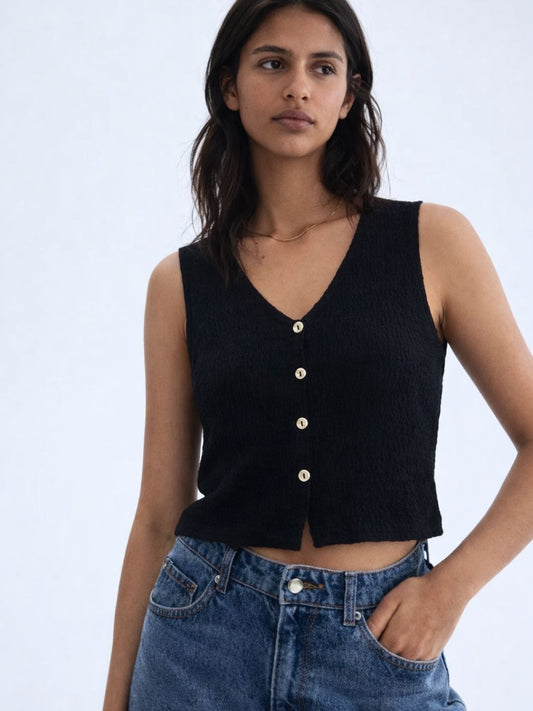 812 Crochet Style Waist Coat Top I Black