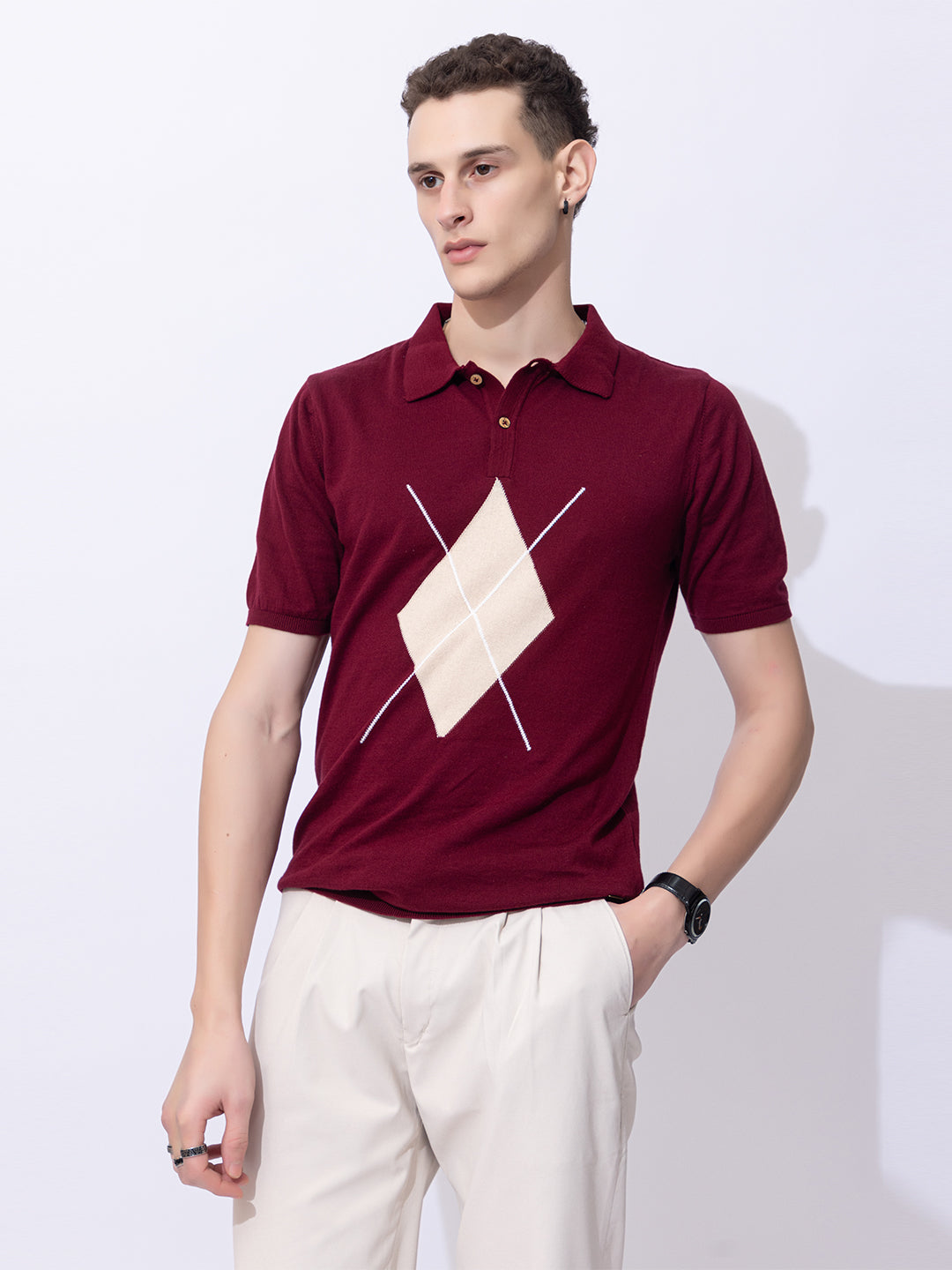 603 Argyle Knit Polo I Wine