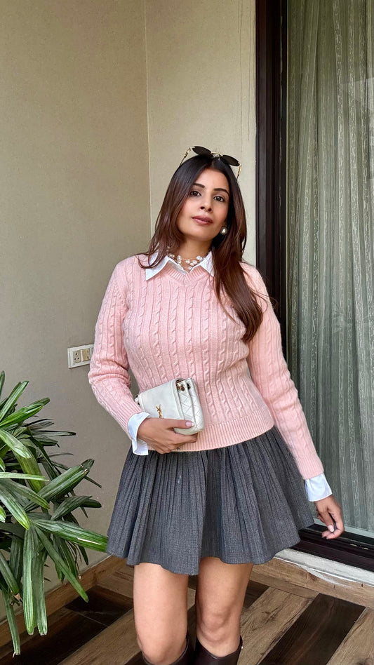 338 Chunky Cable Pullover I Pink