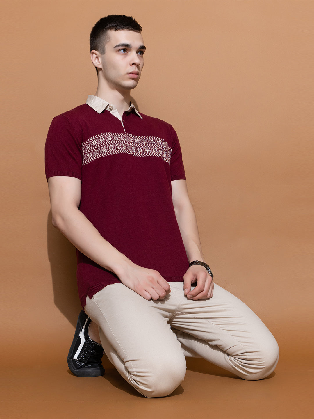 606 Intarsia Knit Polo I Wine