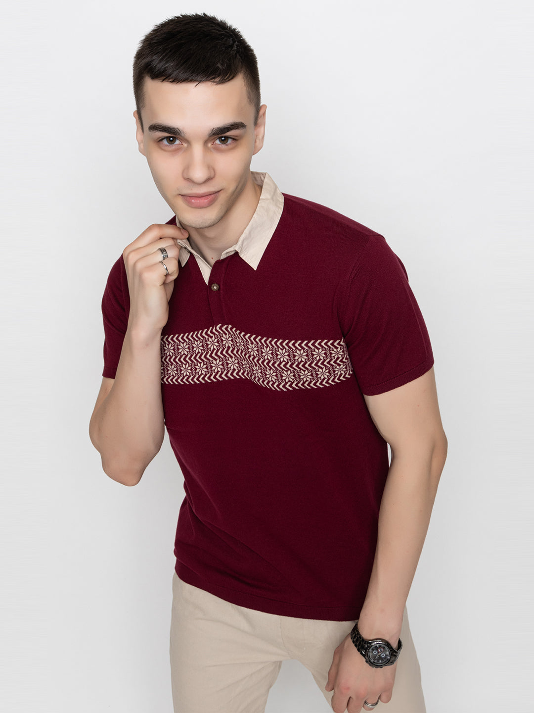606 Intarsia Knit Polo I Wine