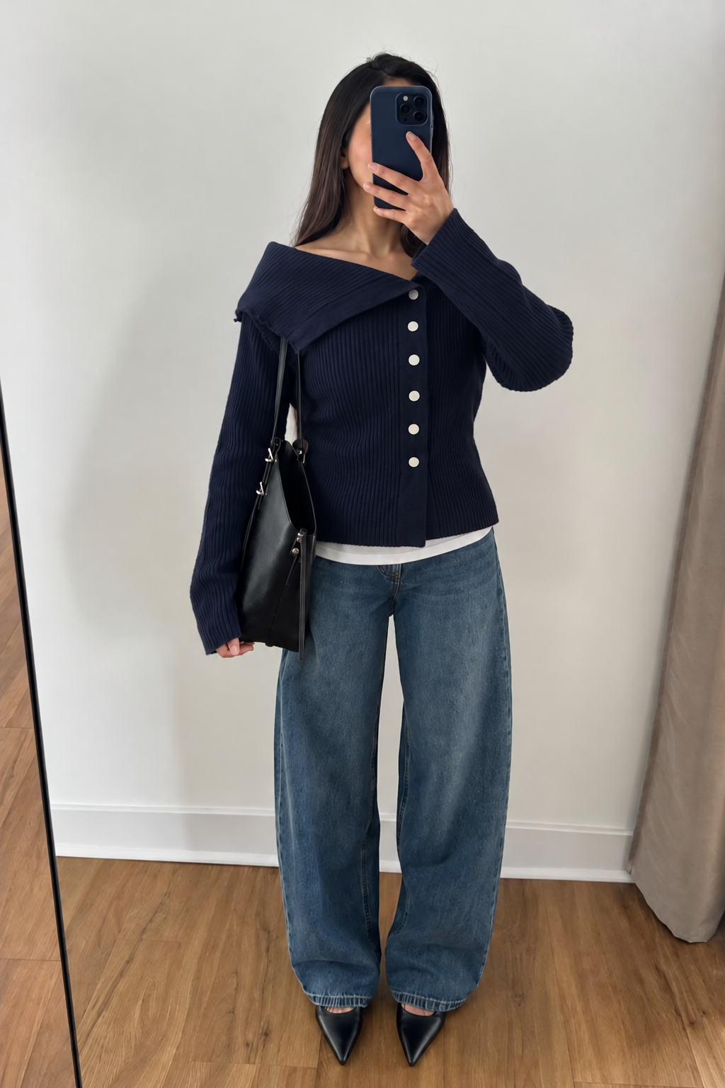 343 Off Shoulder Button Pullover I French Navy